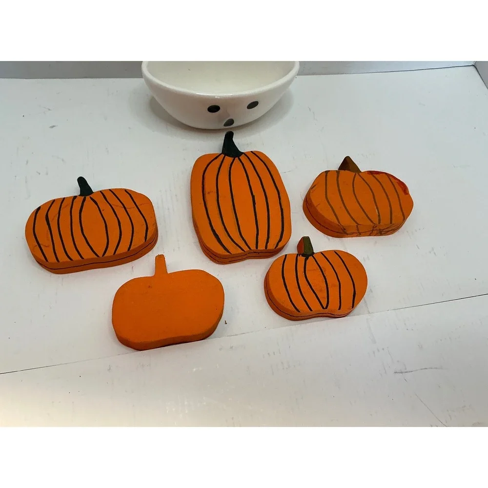 Mud Pie Ghost Candy Dish and Wooden Pumpkin Blocks Halloween Decor Set